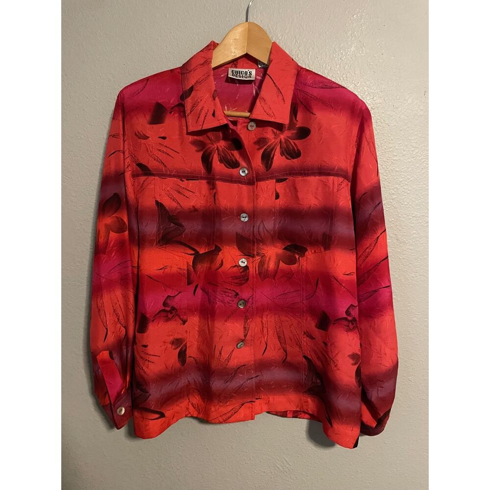 Chicos Design Top Womens 1 US Medium Red Silk Floral Button Up Long Sleeve Boho